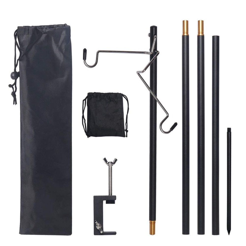 HIKEMAN Folding Lantern Stand Pole Portable Lamp Stand Hook Collapasible Light Stand Holder for Camping Fishing Picnic BBQ Outdoor Activities (Black)