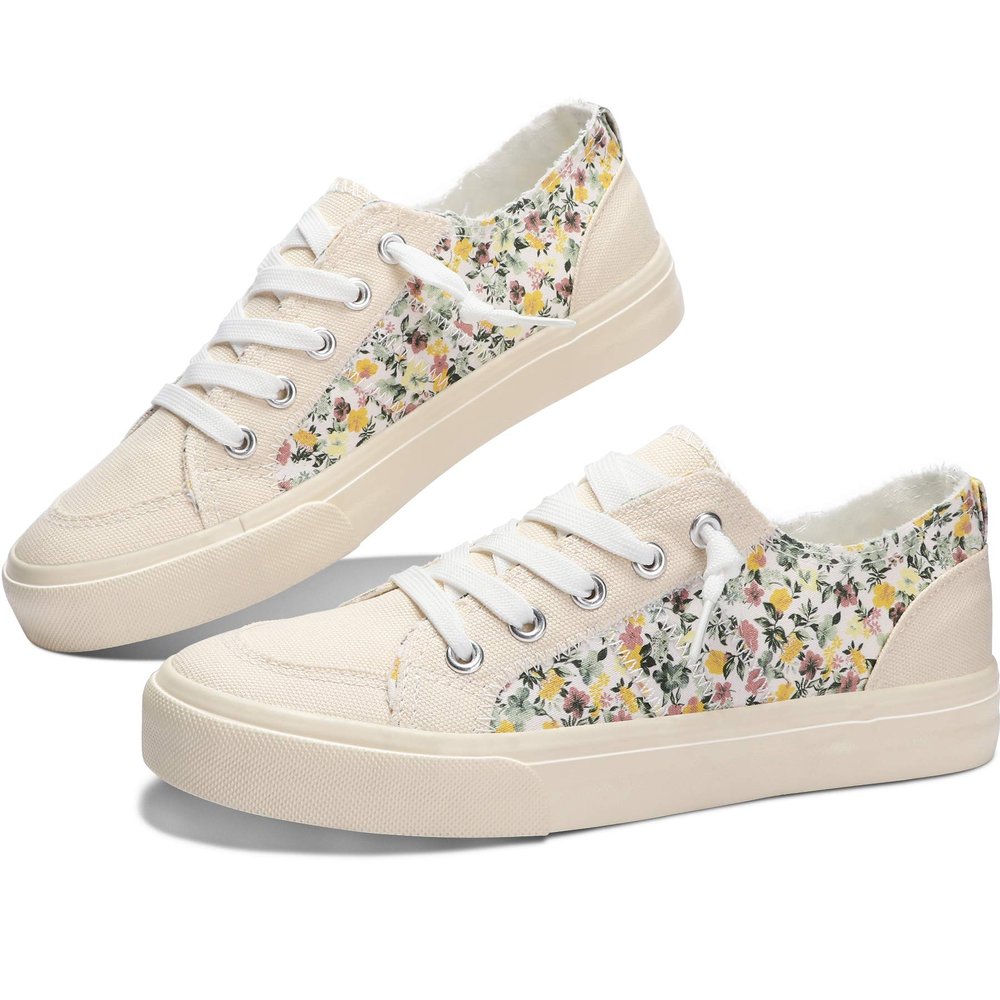 Womens Flower Print Canvas Sneakers Women's Play Fashion Sneaker Comfortable Walking Shoes Yellow Multi Canvas Slip on Shoes(Yellow US5)