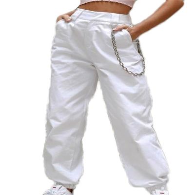 Andongnywell Ladies Solid Color Sport slaXYKs Harlan Pants Wide Legs Long Pants with Chain and poXYKets Trousers (White,XX-Large)