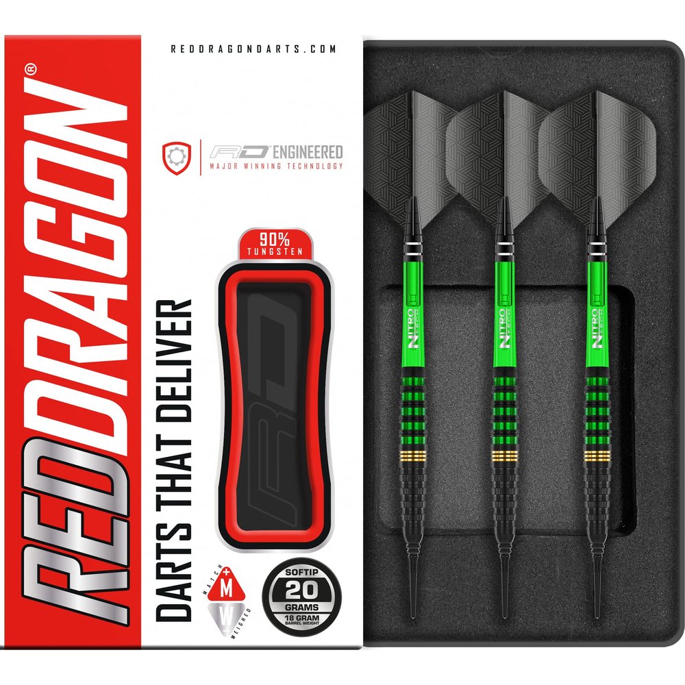 RED DRAGON Krypton - 20 gram Softip Tungsten Professional Darts Set with Flights and Nitrotech Shafts (Stems)