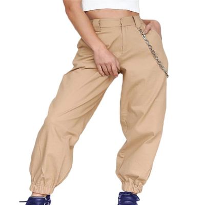 Andongnywell Ladies Solid Color Sport slaXYKs Harlan Pants Wide Legs Long Pants with Chain and poXYKets Trousers (Khaki,Large)