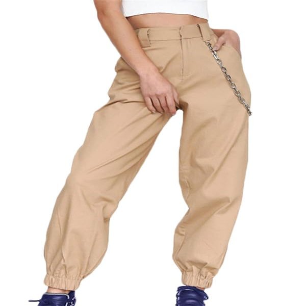 Andongnywell Ladies Solid Color Sport slaXYKs Harlan Pants Wide Legs Long Pants with Chain and poXYKets Trousers (Khaki,Large)
