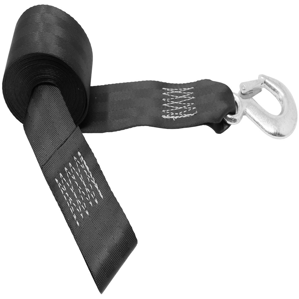 CustomTieDowns 2 Inch Boat/Winch Strap. 1 Inch Flat Sewn Loop On One End. Stainless Steel Forged Snap Hook On Opposite End. Strap Length 16 or 20 Ft. Black Polyester Seatbelt Webbing. (20 Feet)