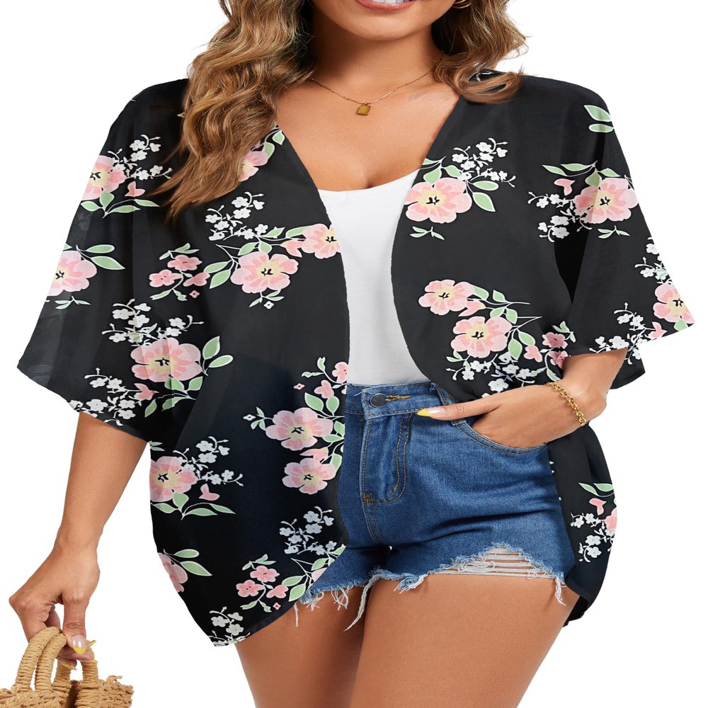 FINOCEANS Women's Kimono Beach Cover Ups Cardigan V Neck Half Sleeve Boho Sheer Chiffon Tops XXX-Large Black