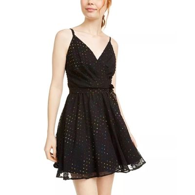 As U Wish Womens Juniors Chiffon Metallic Mini Dress Black 1