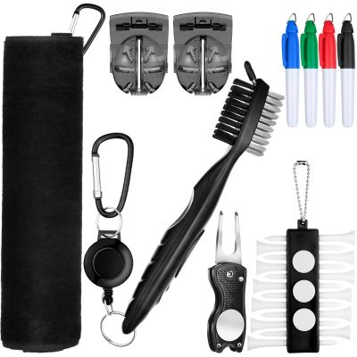 Sumind 22 Pcs Golf Accessories Kit Golf Essentials Club Cleaning Kit Include Cleaning Brush Towel Marking Pen Line Marker Tee Holder with Tee Repair Divot Tool for Men Women Ideal Gift(Black)