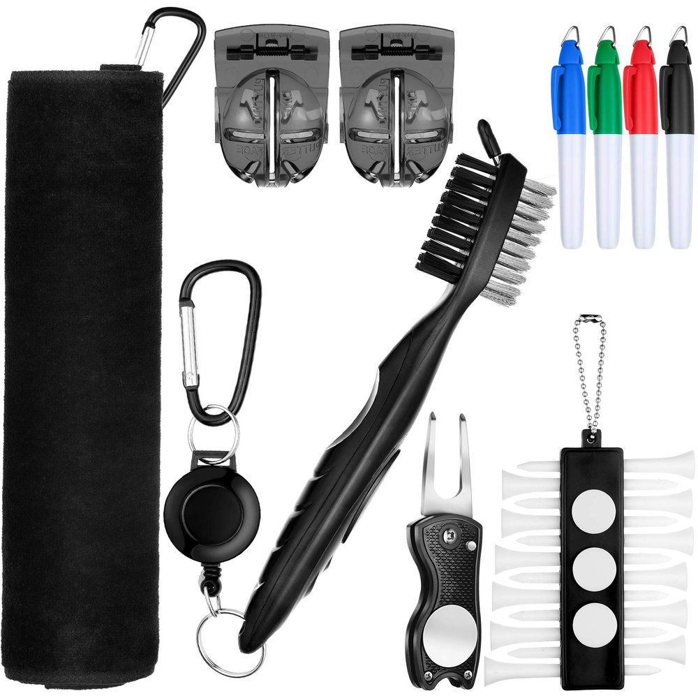Sumind 22 Pcs Golf Accessories Kit Golf Essentials Club Cleaning Kit Include Cleaning Brush Towel Marking Pen Line Marker Tee Holder with Tee Repair Divot Tool for Men Women Ideal Gift(Black)