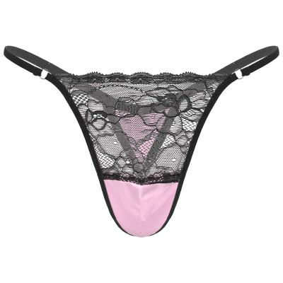 ACSUSS Men Shiny Satin Lace Patchwork Sissy Panties G-String Thong Briefs Jockstrap Underwear Pink Medium
