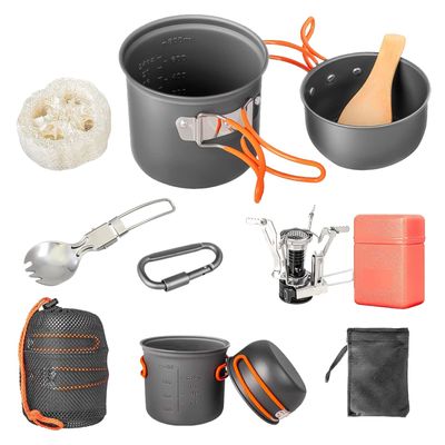 9pcs Camping Cookware Kit, Portable Camping with Non-Stick Pots, Pans Set and Folding Fork, Lightweight Backpacking cookware Cooking Set for Backpacking, Outdoor Camping