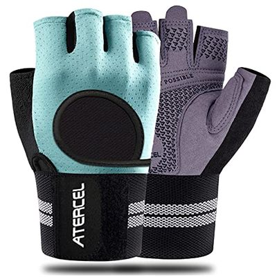 ATERCEL Weight Lifting Gloves Breathable Workout Gloves with Wrist Support for Gym, Exercise, Pull Ups, Super Lightweight for Men and Women, Full Palm Protection (Aqua, M)