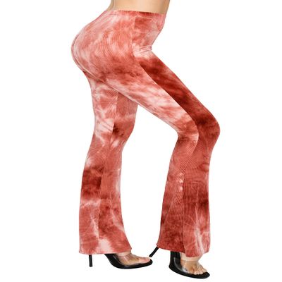 ALWAYS Women's Ribbed Tie Dye Palazzo - Rib Knit Fit and Flare Wide Leg Bell Bottom Pants Brown XL