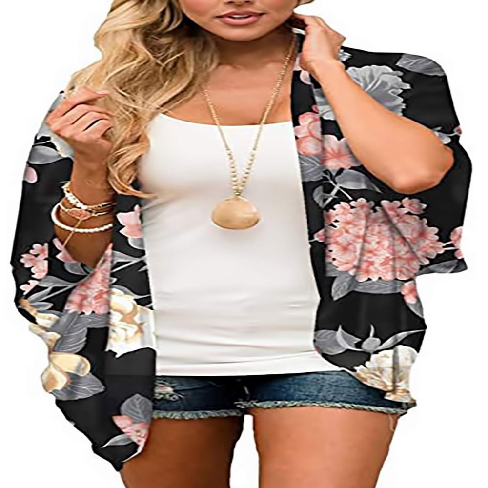 FINOCEANS Women's Kimonos Beach Cover Ups Cardigans Chiffon Boho Loose Bathing Suit Tops XX-Large Black