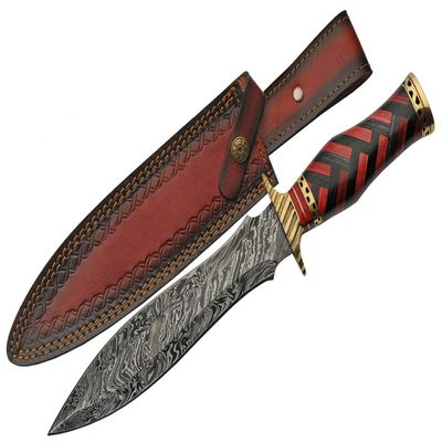 SANZ Damascus Hunting Knife 15 Inch - Red/Black Camping Knife with Braided Handle, Full Tang Blade & Sheath - Outdoor Knife for Hunting, Camping & Outdoor uses