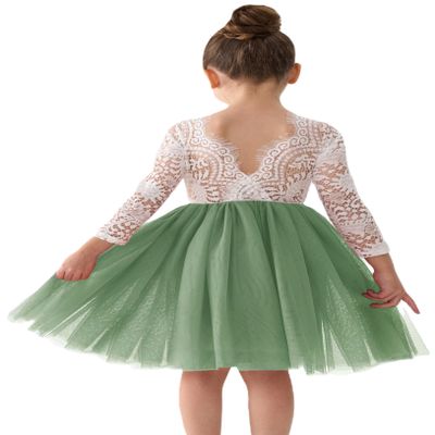 2Bunnies Girl Peony Lace Back A-Line Straight Tutu Tulle Party Flower Girl Dress (Sage Sleeve Short, 4T)