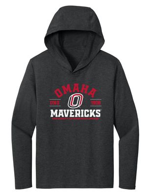 CornBorn Nebraska Omaha Mavericks Tee Shirt - Women's Long Sleeve Hooded Shirt UNO 1908 Omaha Arch - Black - Large