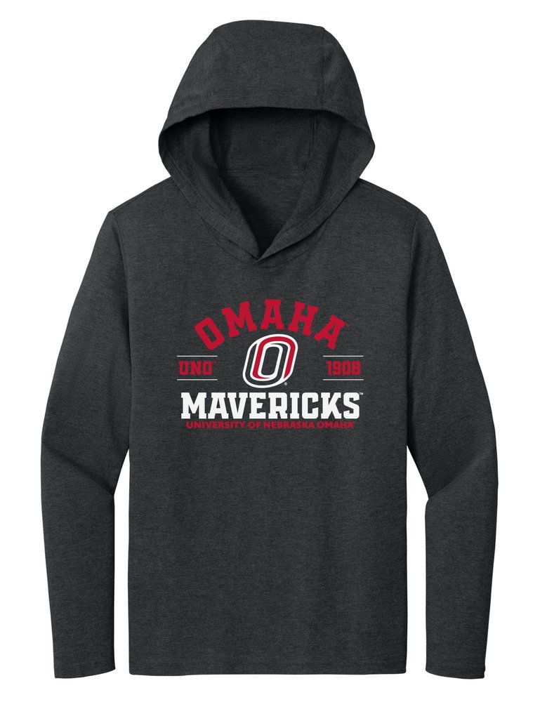 CornBorn Nebraska Omaha Mavericks Tee Shirt - Women's Long Sleeve Hooded Shirt UNO 1908 Omaha Arch - Black - Large