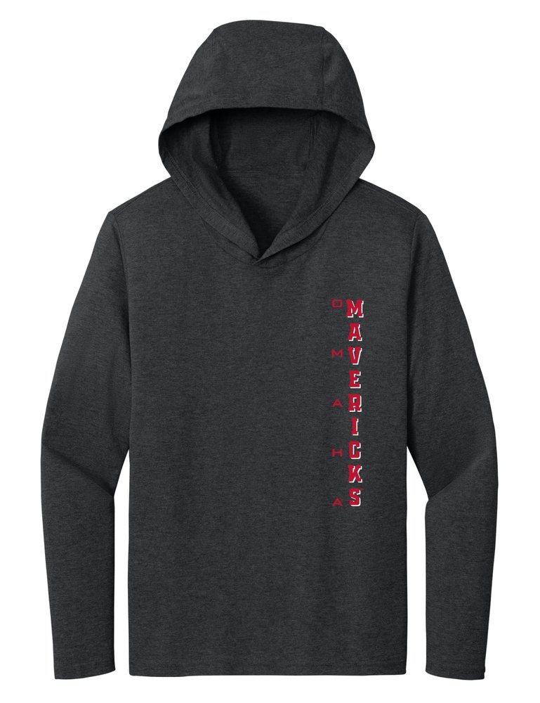 CornBorn Nebraska Omaha Mavericks Tee Shirt - Women's Long Sleeve Hooded Shirt Vertical UNO Mavericks - Black - Large