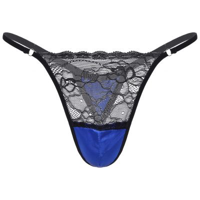 Alvivi Mens Sheer Lace T-Back Jockstrap Lingerie Underpants High Cut Thongs Satin Pouch Knickers Royal_Blue Large