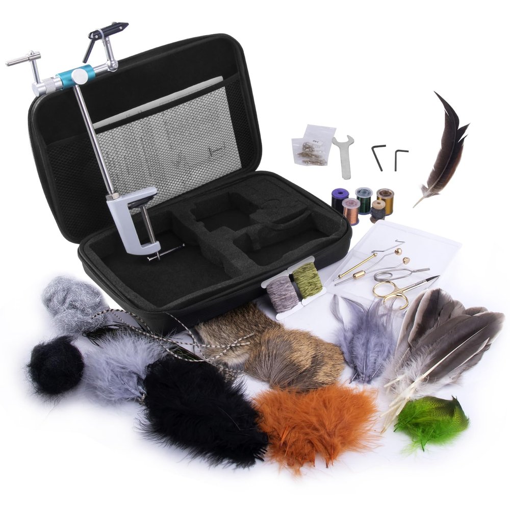 Dr.Fish Complete Fly Tying Kit, Fly Tying Vise, Fly Tying Materials & Tools, Aluminum Rotary Fly Tying Vise Hackle Bobbin Scissors Plies Feather Hareline Fly Hooks Beginner Kit