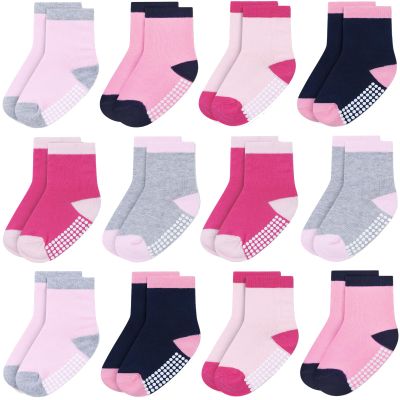 JAKIDAR 12 Pack Baby Toddler Socks Non Slip Grip Cotton Crew Socks for Boys Girls Infants Kids, Pink Princess, 2-4T