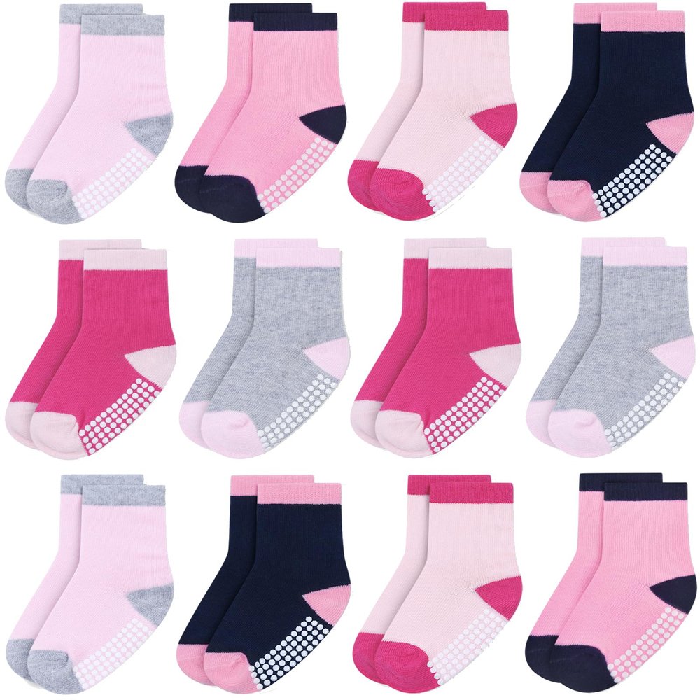 JAKIDAR 12 Pack Baby Toddler Socks Non Slip Grip Cotton Crew Socks for Boys Girls Infants Kids, Pink Princess, 2-4T