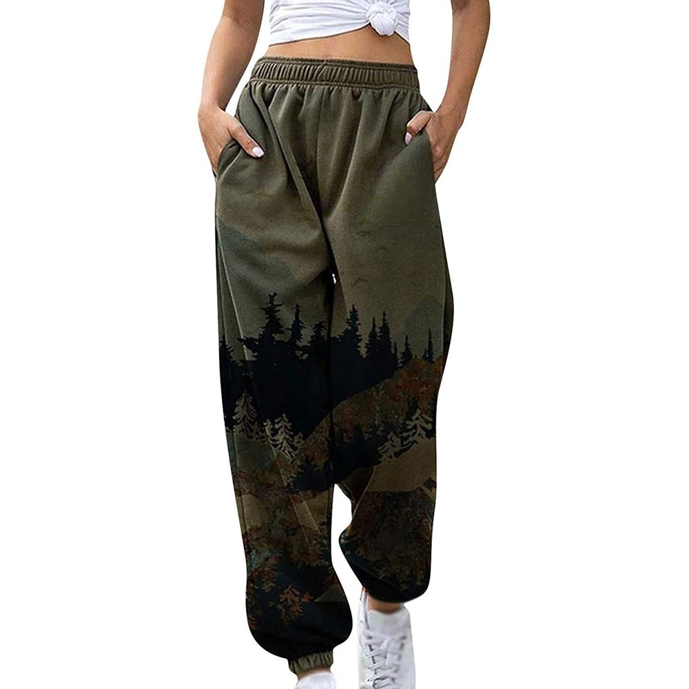 Nutteri Women Jogger Sweatpants Mountain Treetop Scenery Print Lounge Trousers High Waist Sporty Gym Athletic Fit Pants with Pockets (Army Green, L)