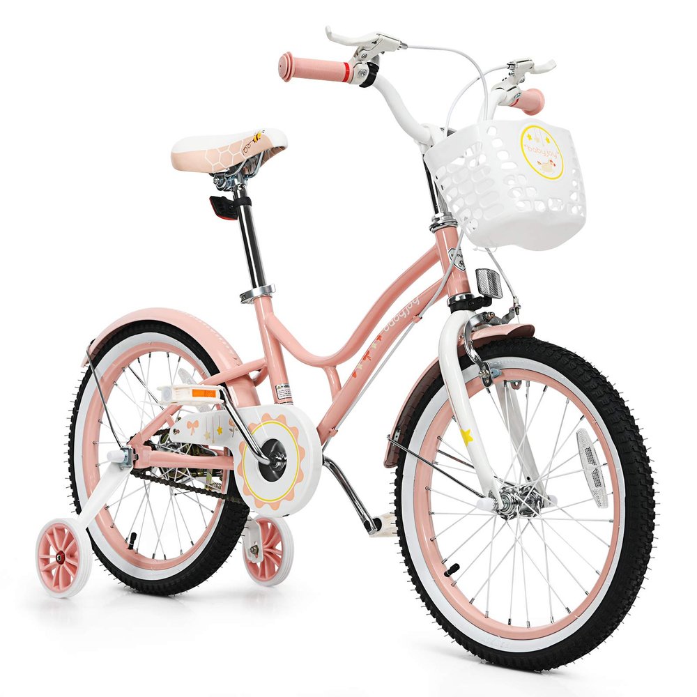 BABY JOY Girls Bike, 12 14 16 18 Kids Bike for 3-8 Years Old with Training Wheels, Adjustable Seat & Handlebar, Handbrake & Coaster Brake, Children Bicycle (18 Inch W/Kickstand, Pink)
