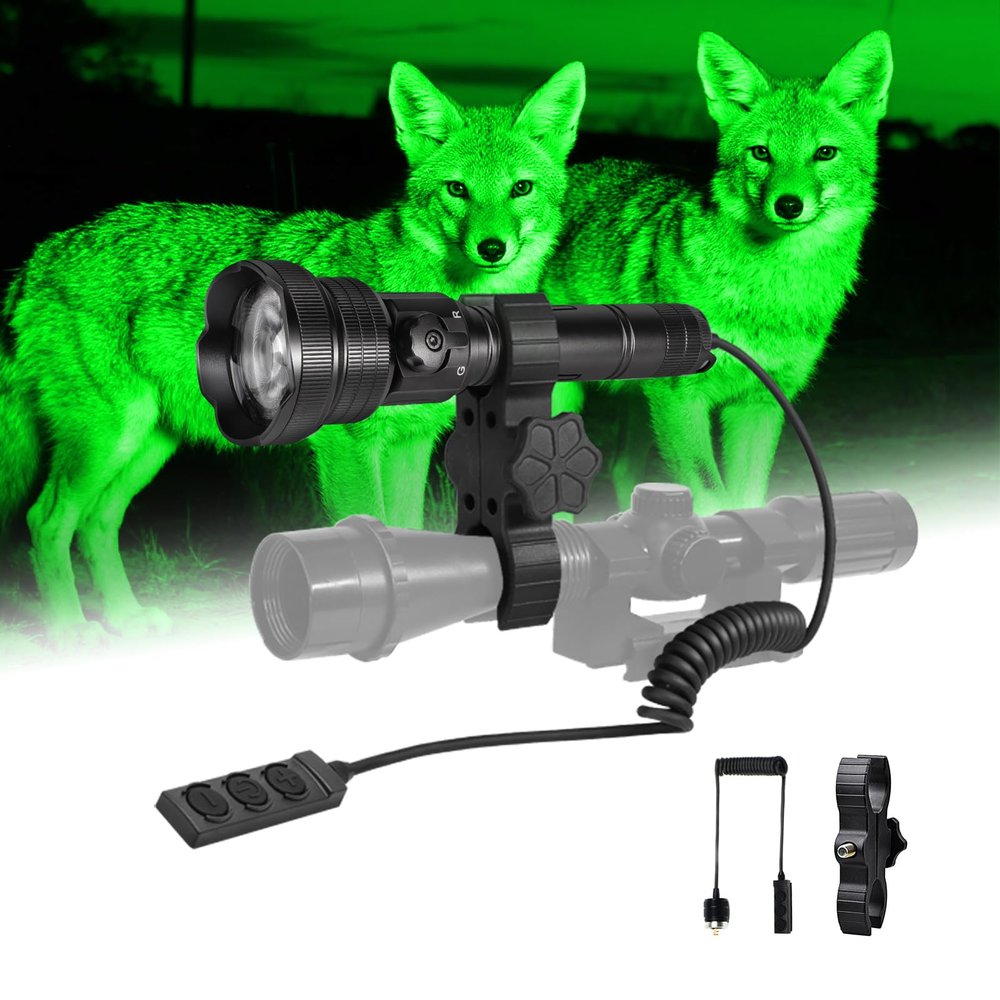 Brinyte T28 LED Zoomable Hunting Light, 3 Color in 1(Red,Green,White) Predator Flashlight with Pressure Switch Mount, IPX6 Waterproof for Hogs Coon Coyote Varmint Hunting