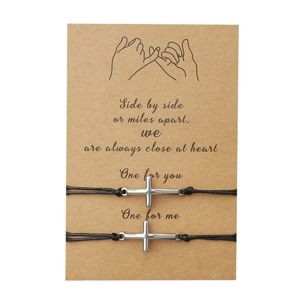 2Pcs/set Pinky Promise Long Distance Matching Bracelets Love Heart Adjustable for Couples Best Friends Couple Friendship Relationship Boyfriend Girlfriend Family Jewelry-Cross