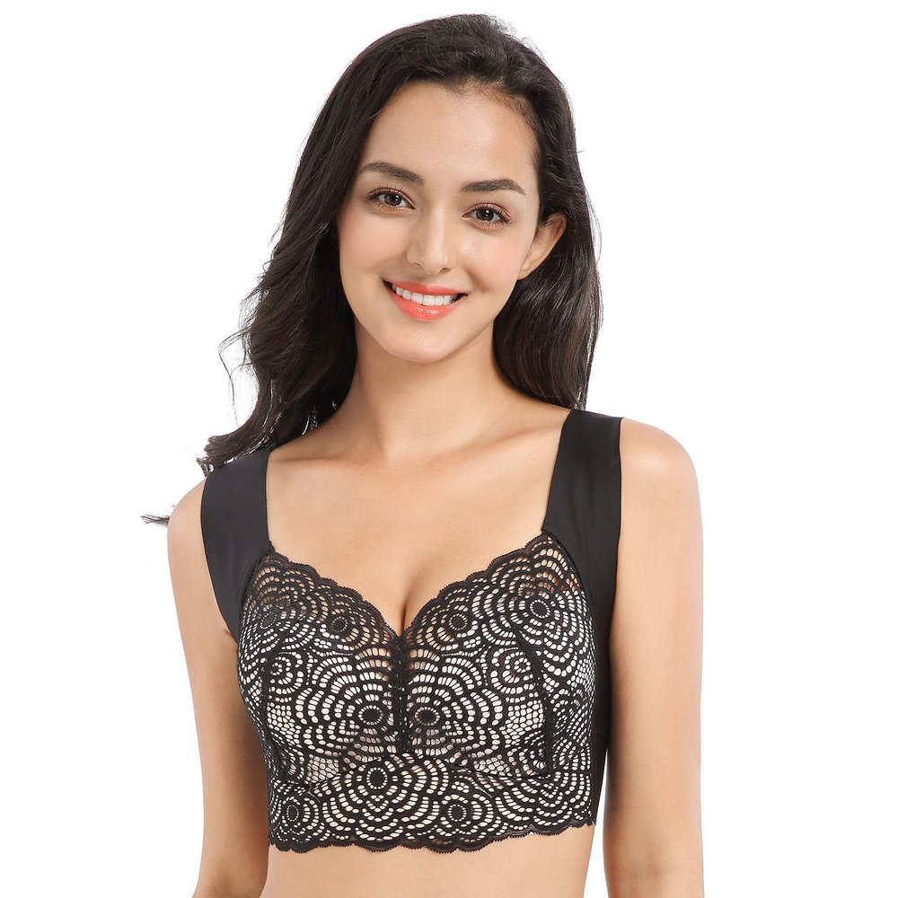 Air Exsecret Ultimate Lift Stretch Full-Figure Seamless Lace Cut-Out Bra, Sports and Sleep Extra Lift Bras for Women (Black-Style B,52/120D)