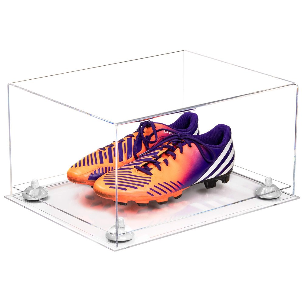 Better Display Cases Acrylic Shoe Display Case - Large Rectangle Box with Clear Case, White Risers and Clear Base 15.25" x 12" x 8" (A026/V12)