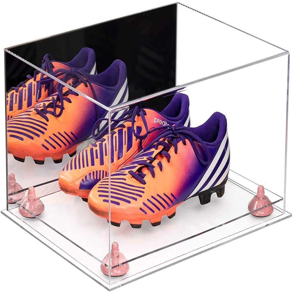 Better Display Cases Acrylic Shoe Display Case - Large Rectangle Box with Mirror Case, Pink Risers and Clear Base 15.25" x 12" x 8" (A026/V12)