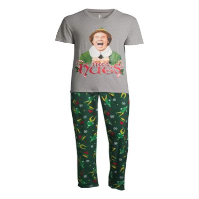 Mens Buddy Elf Need Hugs! Christmas Classic Fit 2 Piece Pajama Set, (Size Small, Grey/Green)