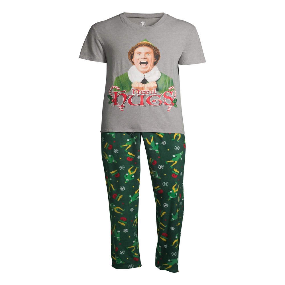 Mens Buddy Elf Need Hugs! Christmas Classic Fit 2 Piece Pajama Set, (Size Small, Grey/Green)