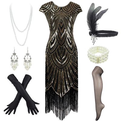 Women's Flapper Dresses 1920s Gatsby Sequin Fringed Party Costume with Headpiece (Style02-Black&Gold, Small)