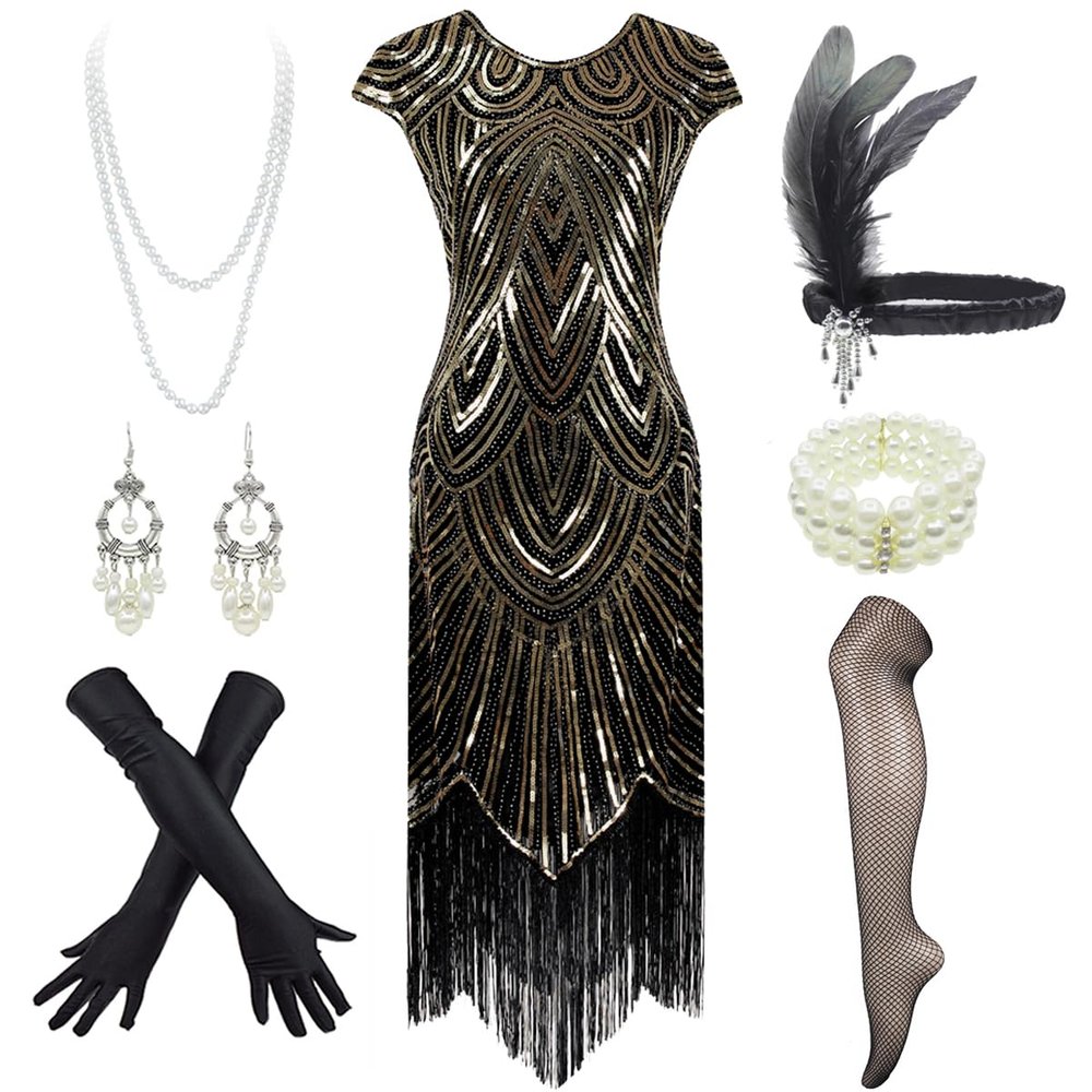 Women's Flapper Dresses 1920s Gatsby Sequin Fringed Party Costume with Headpiece (Style02-Black&Gold, Small)