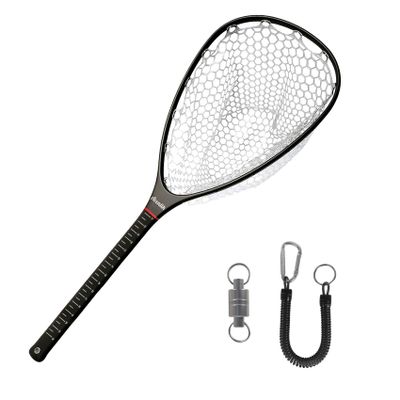 Aventik Fly Floating Fishing Carbon Fiber Landing Net Clear Rubber Ghost Net Catch & Release with Magnetic Net Release(Long Handle withblack with Magnetic Release)