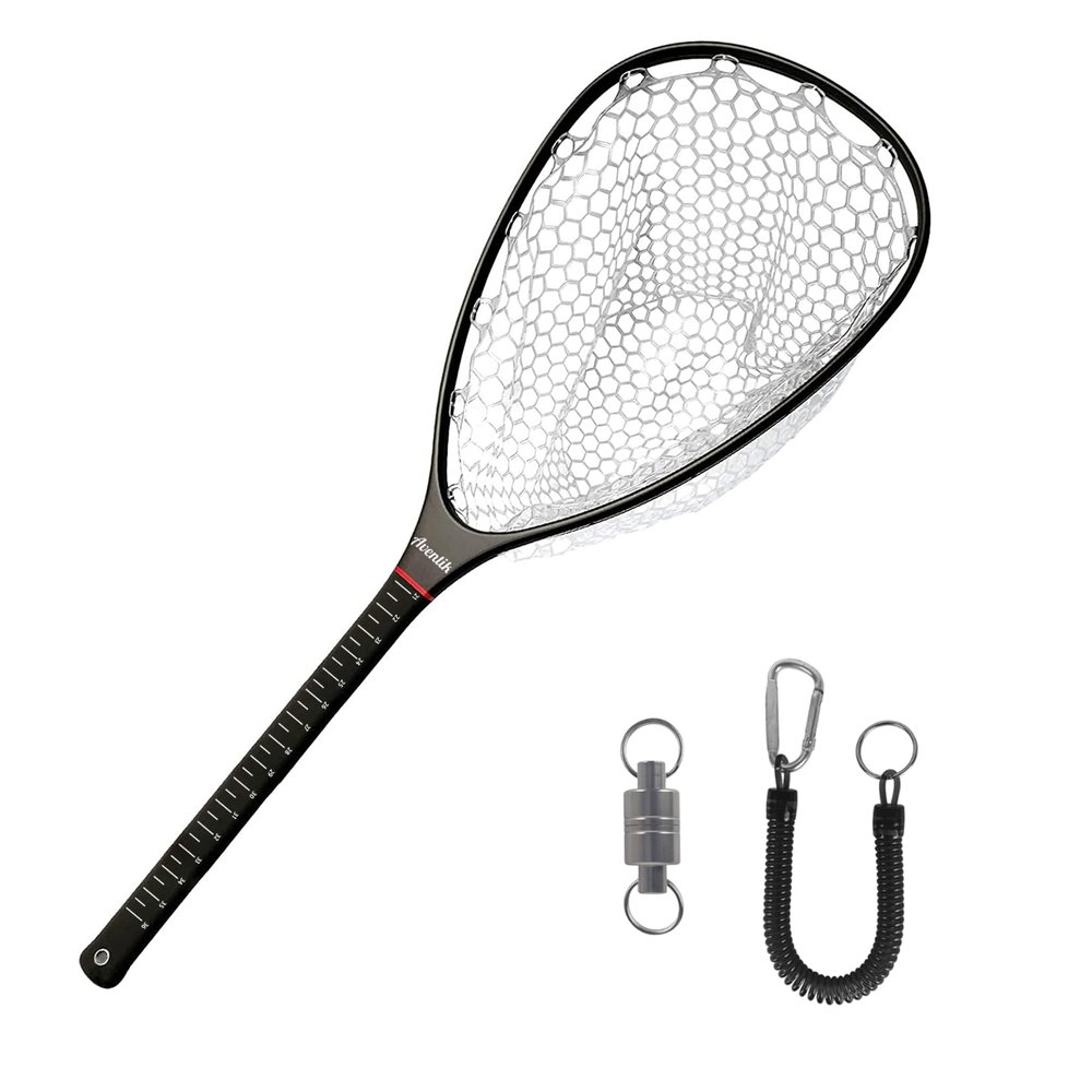Aventik Fly Floating Fishing Carbon Fiber Landing Net Clear Rubber Ghost Net Catch & Release with Magnetic Net Release(Long Handle withblack with Magnetic Release)