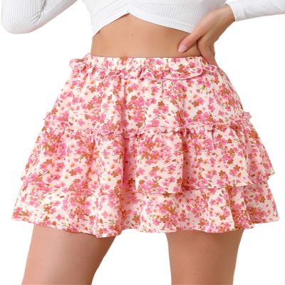 Allegra K Women's Layered Ruffle Hem Elastic Waist A-Line Skater Floral Mini Skirt X-Small Pink