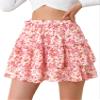Allegra K Women's Layered Ruffle Hem Elastic Waist A-Line Skater Floral Mini Skirt X-Small Pink