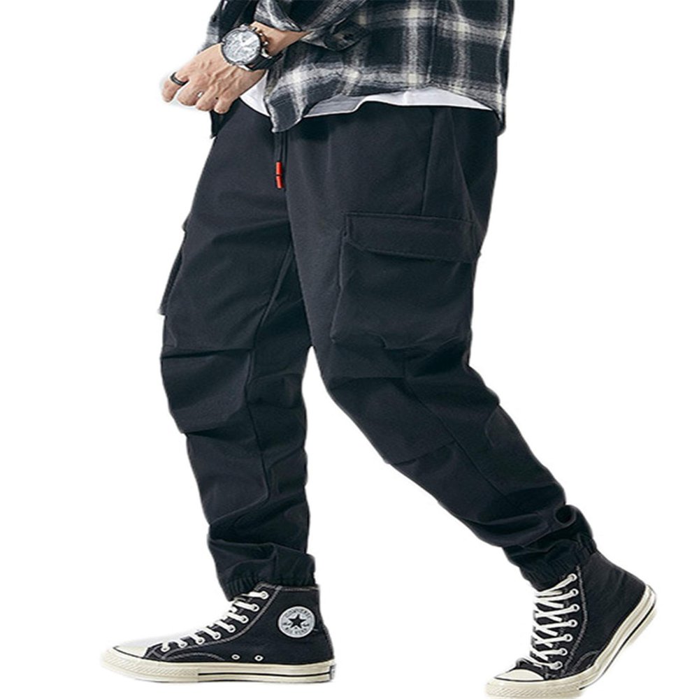 Andongnywell Slim Fit Mens Work Pants Cotton Jogging Pants Drawstring Baggy Sweatpants Hip Hop Trousers (Black,Medium)