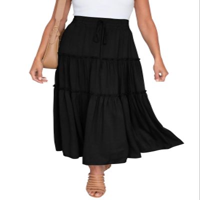 HAEOF Women's Summer Flowy Boho Maxi Skirt A Line Pleated Tiered Long Skirts with Pockets Fashion Beach Vacation Outfits (Black, M)