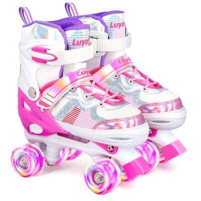 Luyata Roller Skates for Girls Boys Adjustable, 4 Size Ages 6-12 & 3-5, Kids Roller Skates with Light Up 8 Shining Wheels, 3 Color Shining for Toddlers Boys Girls Beginners