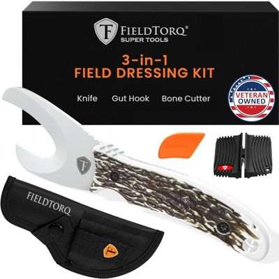FieldTorq Field Dressing Kit | 3-in-1 Super Tool with Sheath & Sharpener | Skinning Knife for Hunting | Gut Hook | Deer Hunting Knife Set | Stag
