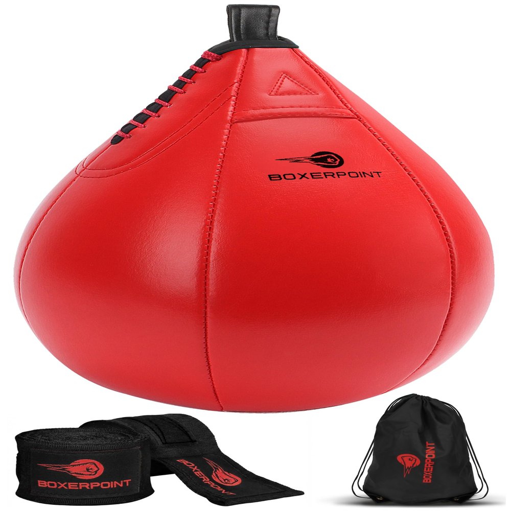 Boxerpoint Speed Bag Set - Black PU Leather, Medium - Includes 2 Hand Wraps & Carrying Bag - Durable Anti-Leak Punching Bag for Adults, Teens & Beginners - Easy Home Gym Setup for Reflex Training