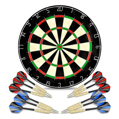 LinkVisions Sisal/Bristle Dartboard with Staple-Free Bullseye and 12 Steeltip Darts Plus Strong Aluminium Shaft, 17.8" 1.5", Moundting Kits Included