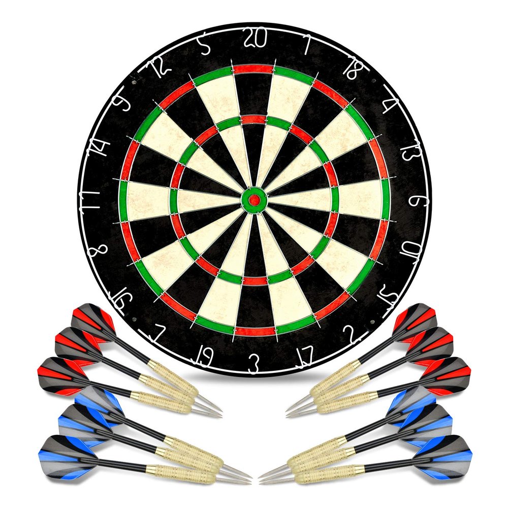 LinkVisions Sisal/Bristle Dartboard with Staple-Free Bullseye and 12 Steeltip Darts Plus Strong Aluminium Shaft, 17.8" 1.5", Moundting Kits Included
