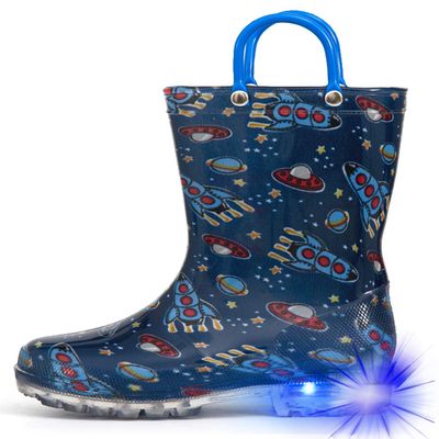 HugRain Toddler Boys Rain Boots Baby Kids Light Up Printed Waterproof Shoes Rubber Garden Puddle Boots Lightweight Adorable Cute Navy Blue Cosmos Easy-On Handles and Insole (Size 10,Navy)