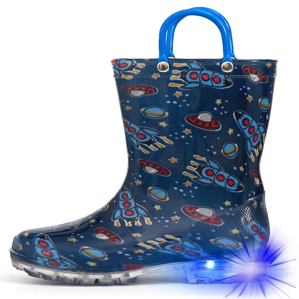HugRain Toddler Boys Rain Boots Baby Kids Light Up Printed Waterproof Shoes Rubber Garden Puddle Boots Lightweight Adorable Cute Navy Blue Cosmos Easy-On Handles and Insole (Size 10,Navy)