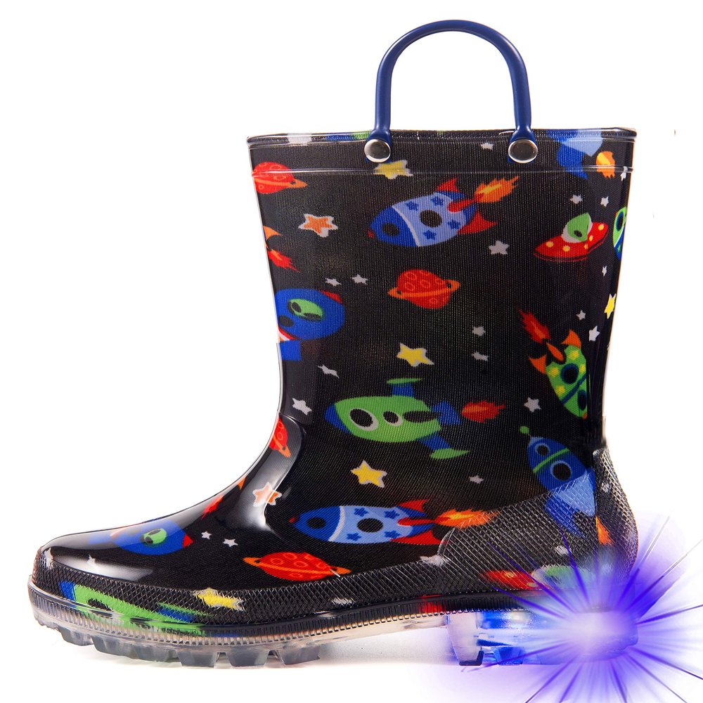 HugRain kids Boys Rain Boots Toddler Light Up Printed Waterproof Shoes Lightweight Adorable Cute Black Cosmos Roket Rubber with Easy-On Handles and Insole (Size 2,Black)